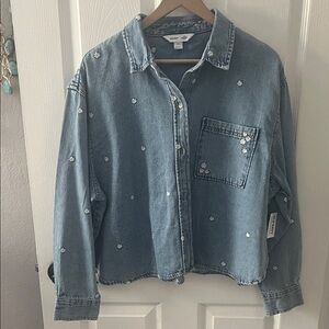 Old Navy Blue Jean Jacket with White Floral Embroidery